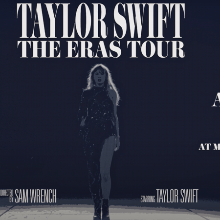 Taylor Swift in the centre of The Eras Tour Poster with dark background and white writing